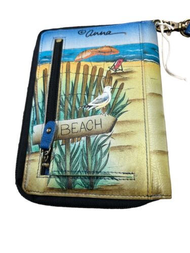 ANNA ANUSCHKA~BEACH DAY HAND-PAINTED  LEATHER~WRISTLET WALLET~ Handcrafted~ RARE