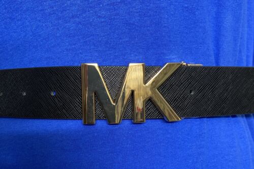 MICHAEL KORS BELT REVERSIBLE BLACK PRINTED MINI LOGO TO BLACK MK SILVER BUCKLE