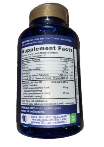 Cod Liver Oil Softgels | 1245mg | 300 Count | Norwegian | Non GMO, Gluten Free