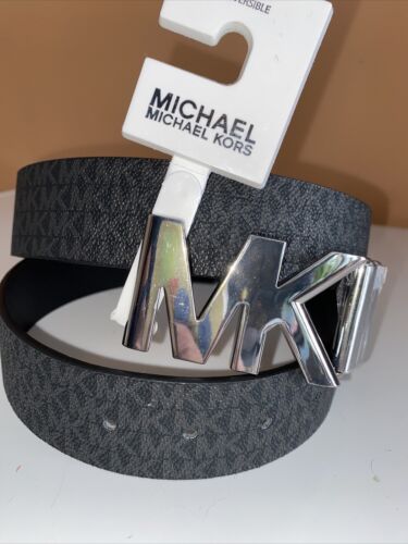 Michael Kors Belt Reversible Black MK Mini Logo To Brown MK Silver Buckle