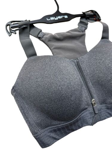 LAYER 8 MAXIMUM SUPPORT SIZE SMALL SPORT BRA FITTED DARK GRAY Front Zipper-NEW