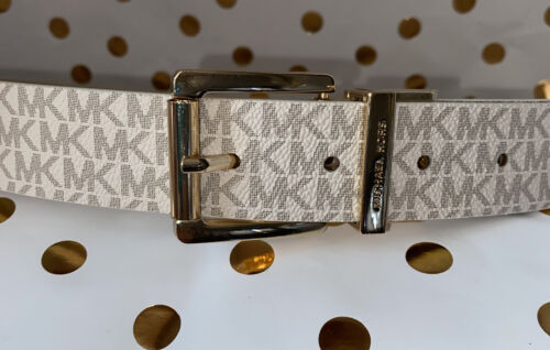 MICHAEL KORS WOMEN'S BELT~REVERSIBL WHITE TO METALLIC GOLD MK LOGO W/GOLD BUCKLE