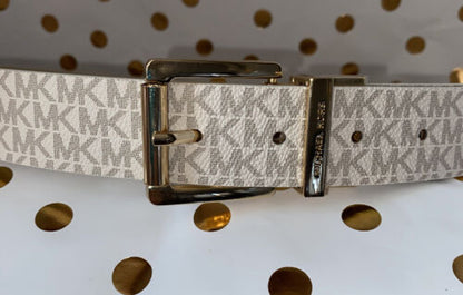 MICHAEL KORS WOMEN'S BELT~REVERSIBL WHITE TO METALLIC GOLD MK LOGO W/GOLD BUCKLE
