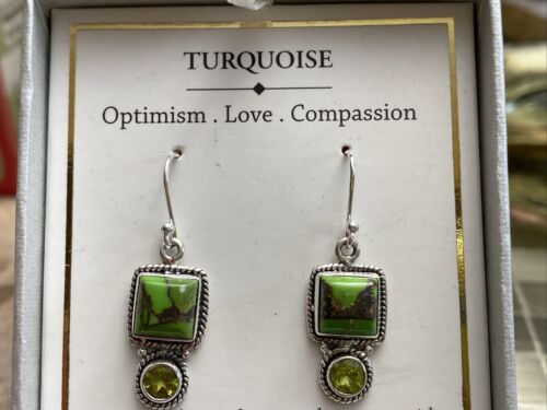 SHIVAM .925 STERLING SILVER TURQUOISE EARRINGS GENUINE GEMSTONE ROUND DANGLE NIB