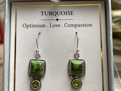 SHIVAM .925 STERLING SILVER TURQUOISE EARRINGS GENUINE GEMSTONE ROUND DANGLE NIB