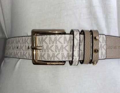 MICHAEL KORS BELT VANILLA MK LOGO WITH TRIPLE BELT LOOP WITH GOLD BUCKLE
