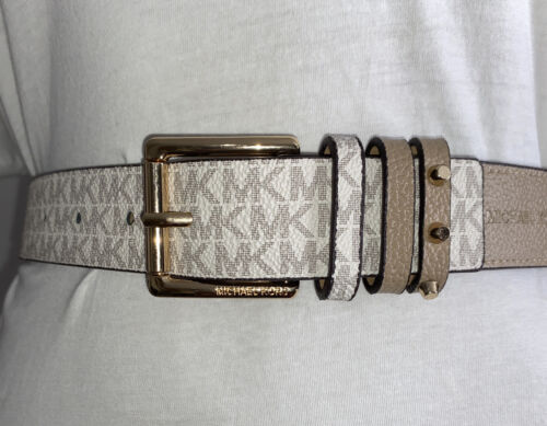MICHAEL KORS BELT VANILLA MK LOGO WITH TRIPLE BELT LOOP WITH GOLD BUCKLE