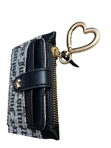 Juicy Couture Pile on Tab Elongated Card Case Bifold~Black Beige~Key Heart Ring