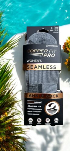 Copper Fit Pro Women Seamless Ankle Socks 3 Pairs Shoe Size 4-10~Copper Infused