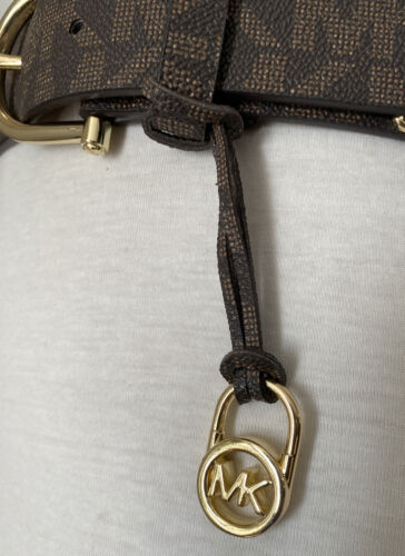 MICHAEL KORS BELT CHOCOLATE MK LOGO MK NAME PLATE WITH MK CHARM GOLD BUCKLE WOW!