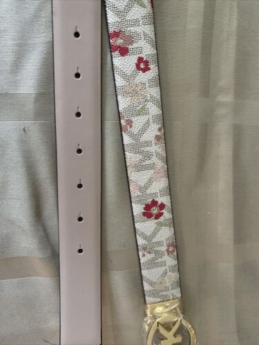 Michael Kors Belt Reversible Print Logo Vanilla Floral&Pink Gold~Tone MK Buckle❤