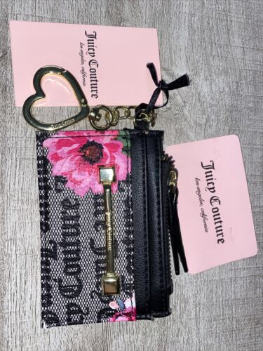 JUICY COUTURE PETAL STAT BLACK WORD ON THE STREET CARD CASE KEY~RING WALLET~WOW