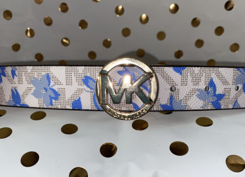 MICHAEL KORS BELT REVERSIBLE WHITE BLUE FLORAL/WHITE MK LOGO GOLD BUCKLE SUPER!!