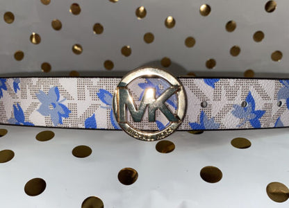 MICHAEL KORS BELT REVERSIBLE WHITE BLUE FLORAL/WHITE MK LOGO GOLD BUCKLE SUPER!!