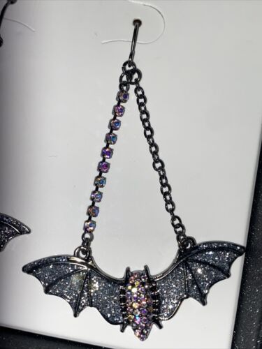 Betsey Johnson Dangling Bat Earrings - Silver Crystals and Rhinestones NIB