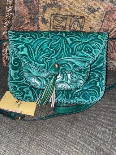 PATRICIA NASH Beaumont Tooled Crossbody P431244 Burnished Soft Green Leather NEW
