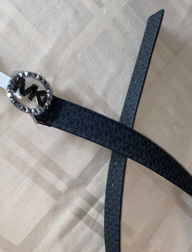 Michael Kors Belt Black With Printed Mk Logo Silver MK Circle Buckle￼ MSRP $68