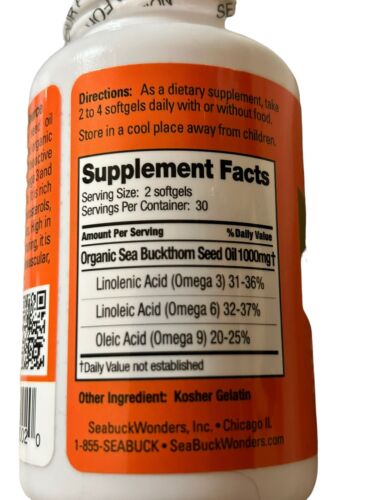 Seabuck Wonders Sea Buckthorn 1000 mg Oil-Omega 3, 6, & 9 Complete - 60 Softgels
