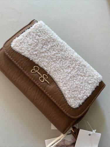 Jessica Simpson Vienna Trifold Wristlet Wallet Shearling Sherpa Almond Brown