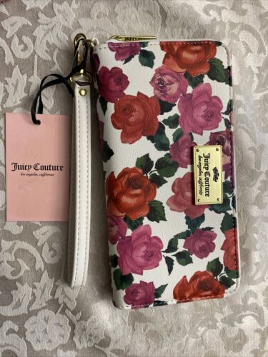 JUICY COUTURE Wallet- Wristlet Zip Around White-Rose Print  Single Zip Large New
