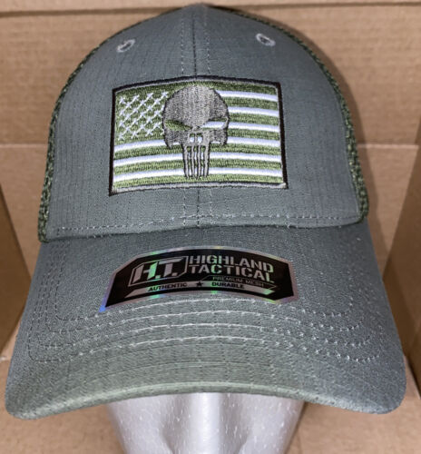 Highland Tactical Hat Khaki Green With US Flag Punisher Logo
