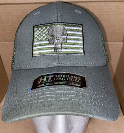 Highland Tactical Hat Khaki Green With US Flag Punisher Logo