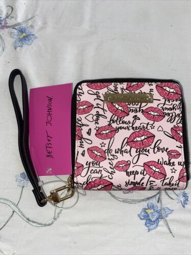 Betsey Johnson New Indexer Zip Around Wallet w/ Strap Black/Multi Lips $38 NWT