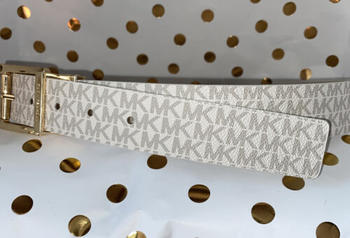 MICHAEL KORS WOMEN'S BELT~REVERSIBL WHITE TO METALLIC GOLD MK LOGO W/GOLD BUCKLE