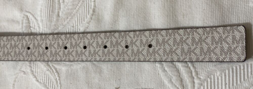 MICHAEL KORS BELT REVERSIBLE CHOCOLATE/VANILLA MK LOGO PRINT GOLD OVAL BUCKLE