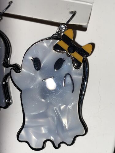 Betsey Johnson Hematite Tone & White Acrylic Ghost Mismatch Drop Earrings NIB