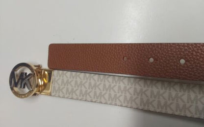 MICHAEL KORS BELT VANILLA/LUGGAGE PRINTED MK LOGO WITH GOLD MK LOGO BUCKLE 2X