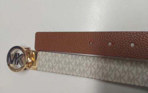 MICHAEL KORS BELT VANILLA/LUGGAGE PRINTED MK LOGO WITH GOLD MK LOGO BUCKLE 2X