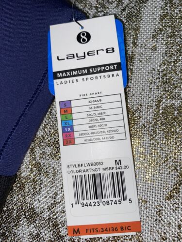 LAYER 8 MAXIMUM SUPPORT SIZE MEDIUM SPORT BRA FITTED BLUE/BLACK Front Zipper-NEW