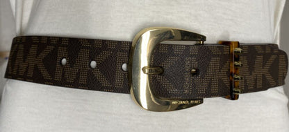MICHAEL KORS BELT BROWN MK LOGO PRINT WITH GOLD BUCKLE WITH STUDDED LOOP "RETRO"