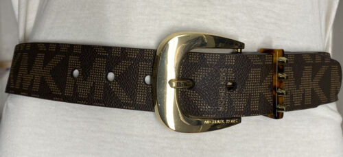 MICHAEL KORS BELT BROWN MK LOGO PRINT WITH GOLD BUCKLE WITH STUDDED LOOP "RETRO"