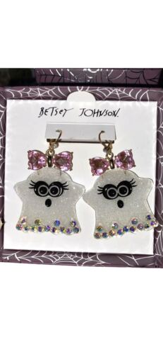 HALLOWEEN~ Betsey Johnson Acrylic Girl Ghost With Pink Crystal Bow Drop Earrings