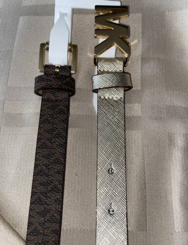 MICHAEL KORS BELT SET CHOCOLATE/METALIC GOLD "SKINNY" MK LOGO GOLD BUCKLES