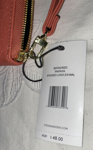 STEVE MADDEN WALLET WRISTLET PAPAYA "STACKED" STAMPED LOGO GOLD ZIPPER