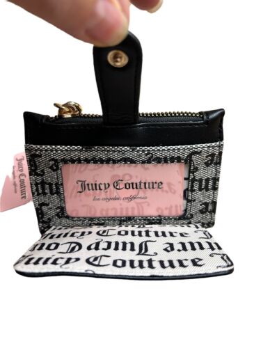Juicy Couture Pile on Tab Elongated Card Case Bifold~Black Beige~Key Heart Ring