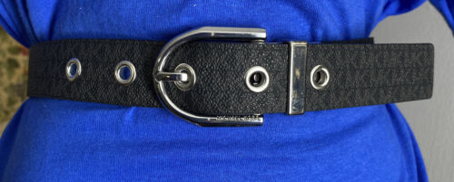 MICHAEL KORS BELT BLACK/BROWN REVERSIBLE MINI MK LOGO WITH SILVER BUCKLE