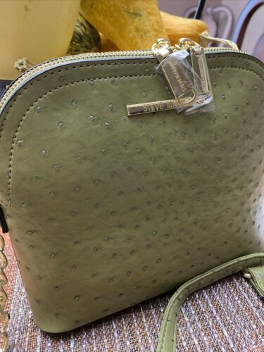 STEVE MADDEN HANDBAG BMAGGIE OSTRICH OLIVE GREEN GOLD-TONE HARDWARE NEW