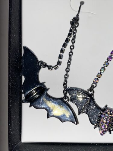 Betsey Johnson Dangling Bat Earrings - Silver Crystals and Rhinestones NIB