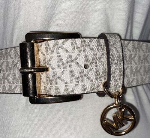 Michael Kors Belt White With Printed Mk Logo With Gold Buckle And MK Charm