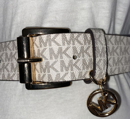 Michael Kors Belt White With Printed Mk Logo With Gold Buckle And MK Charm
