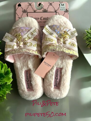 Juicy Couture Pink Faux Fur Slippers~JC-Hasen 3~Size M~Pink/Gold Logo~W105461W