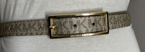 Michael Kors belt glittery gold printed MK logo gold rectangle buckle "Skinny" M