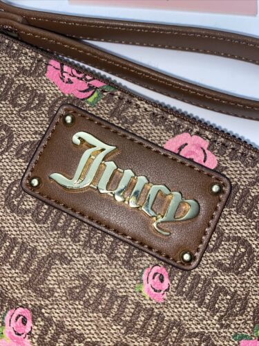 Juicy Couture~Wristlet Wallet Pink Bloom Brown FURGET Me Not~Gothic Logo~CUTE