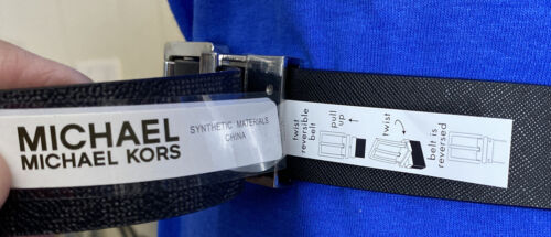 MICHAEL KOR BELT REVERSIBLE BLACK MK LOGO TO SOLID BLACK SILVER BUCKLE