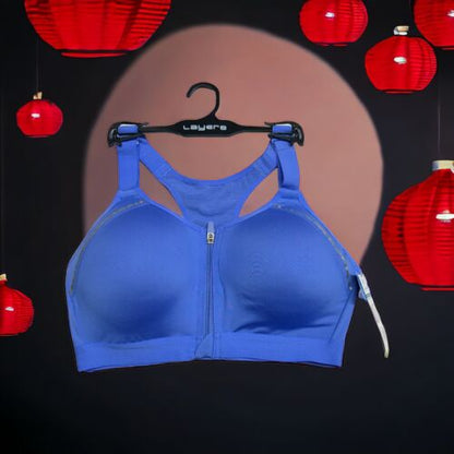 LAYER 8 MAXIMUM SUPPORT SIZE LARGE SPORT BRA FITTED Blue/SilverFront Zipper-NEW