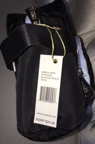 AIMEE KESTENBERG ISABELA LARGE ZIP AROUND BLACK QUILT W/LIGHT BLUE TRIM T00145
